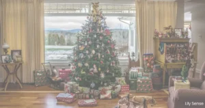 Photo of a beautiful decorated christmas tree in a living room in front of a window