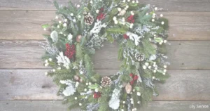 Photo of an aesthetic decorated Christmas wreath on a wooden table