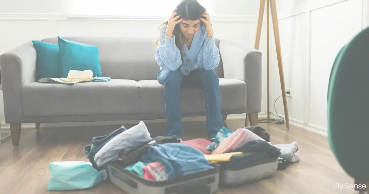 Photo of a woman stressed at not knowing what to pack for her holidays