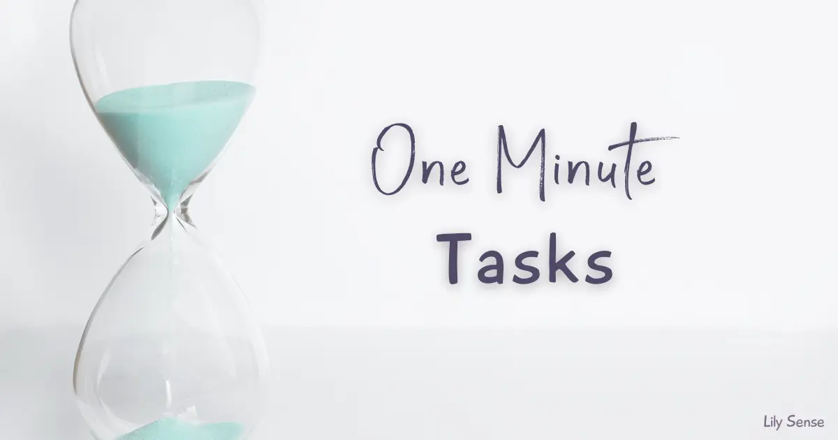 One Minute Tasks. Aesthetic photo of a sand timer.
