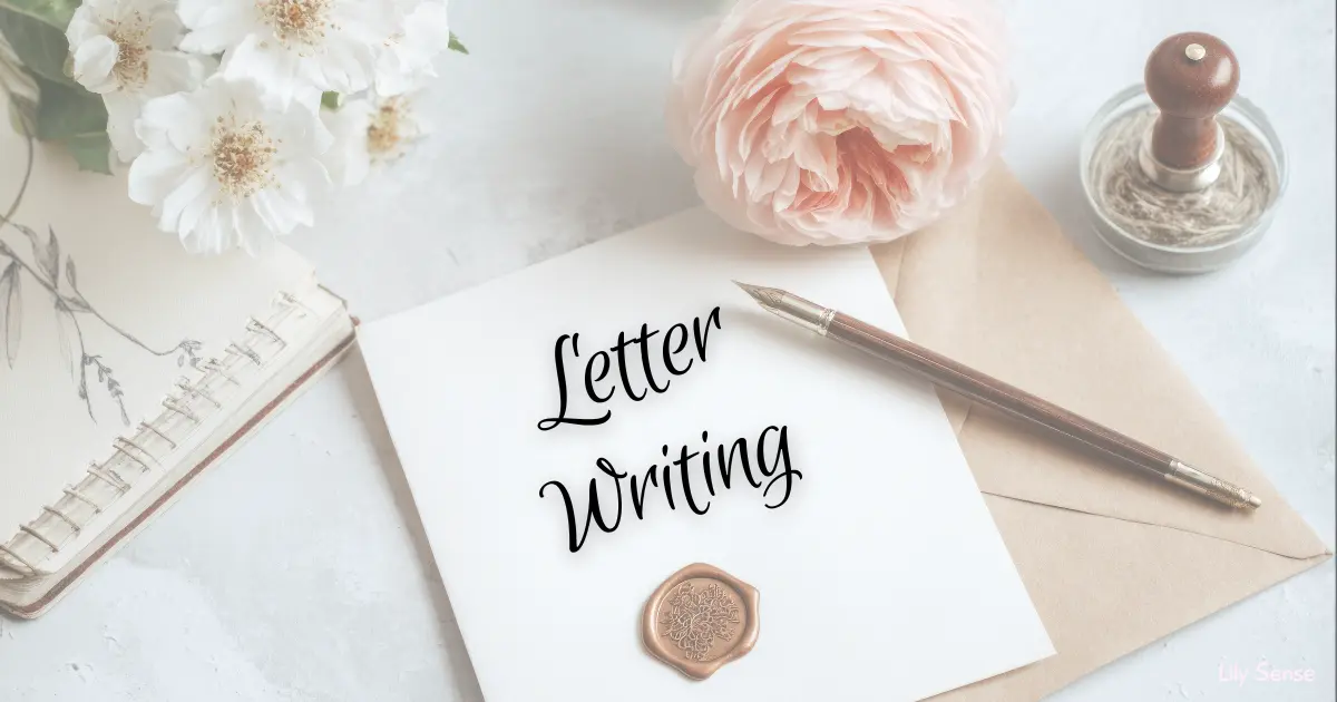 A photo of a desk top with letter writing paper and a pen. The caption letter writing is on it