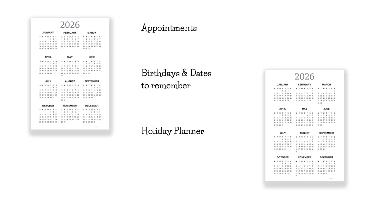 Appointments, birthdays and dates to remember or holiday planner