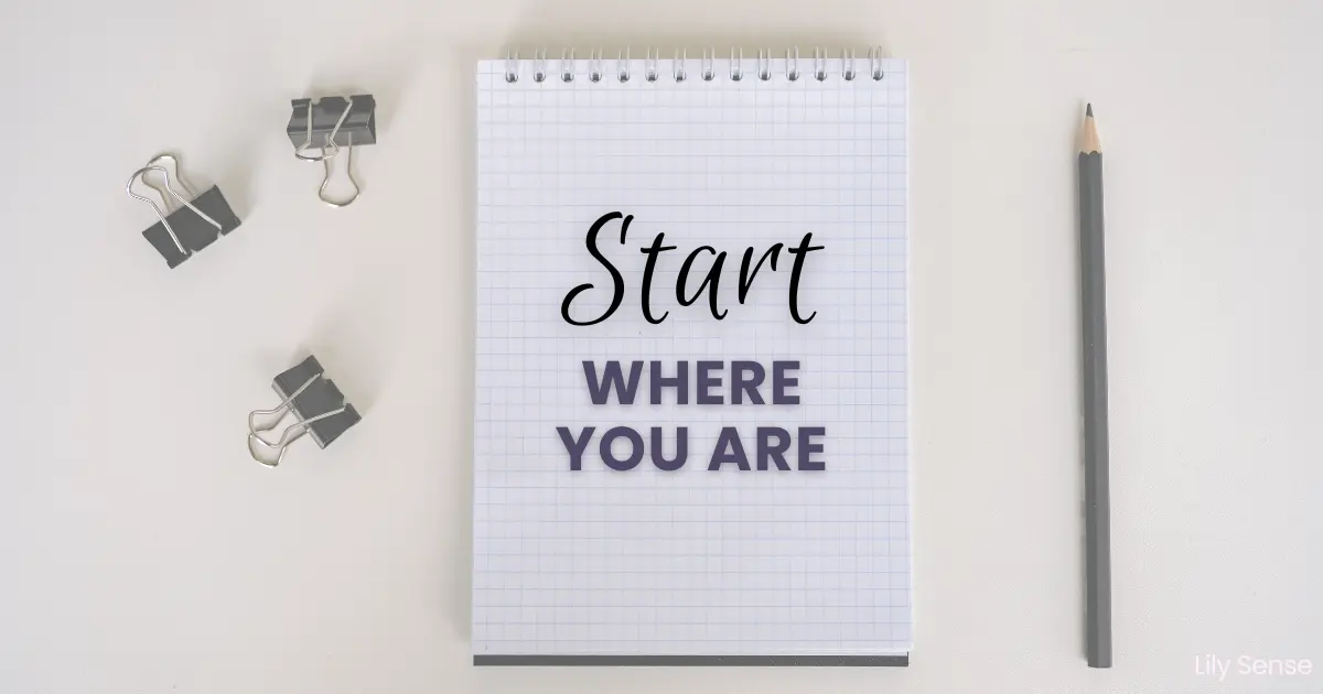 A notebook on a desk with the caption Start where you are