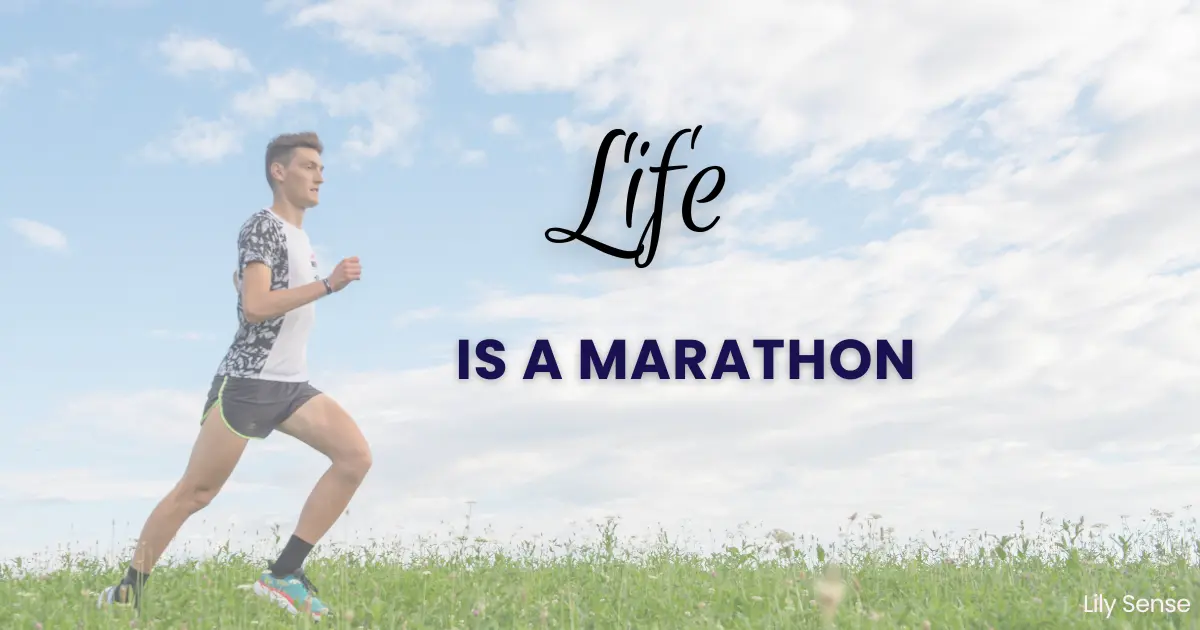 A man running in a marathon. The caption reads Life is a marathon.