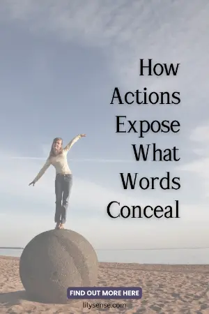 Photo of woman celebrating while standing on a boulder. The caption reads How actions expose what words conceal