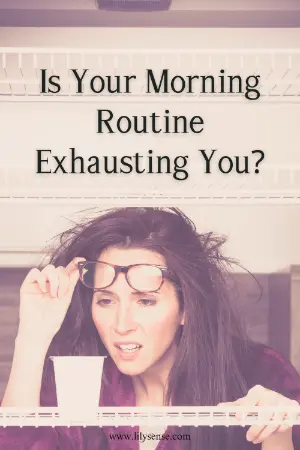 Photo of an exhausted woman staring at her empty cup of coffee. the caption reads is your morning routine exhausting you?