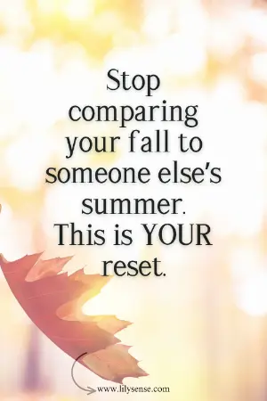 aesthetic autumn photo with the caption Stop comparing your fall to someone's summer. This is your reset